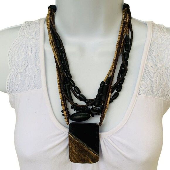 Vintage Brown Graduated Chunky Wooden Beaded Stackable Statement Necklace - Picture 1 of 7